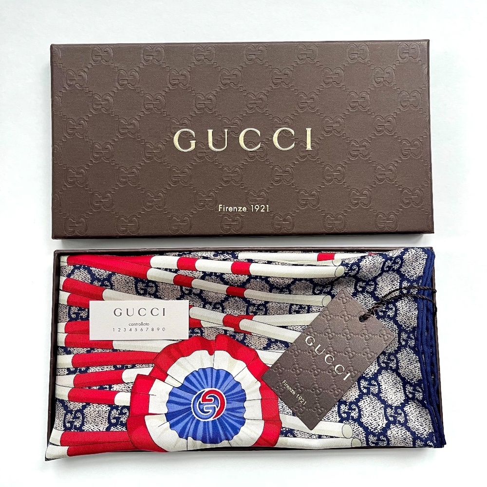 New Gucci Scarf Logo Blue Scarf with Gucci Gift Box